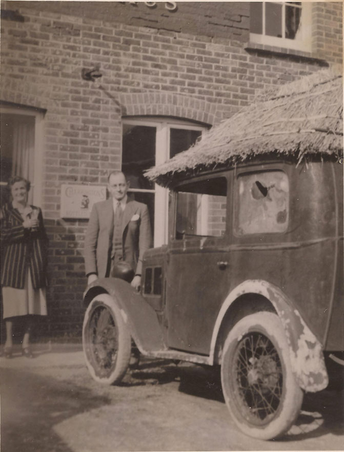 A photo taken by Jeff Tullberg's father in the late 40s, of Fred & Phyllis Aspin by Fred's thatched Austin Seven which he used for an informal transport service from Milton Street to Alfriston after the Second World War.